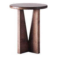 Round wooden side table with a natural finish and geometric V-shaped base in rich brown tones.