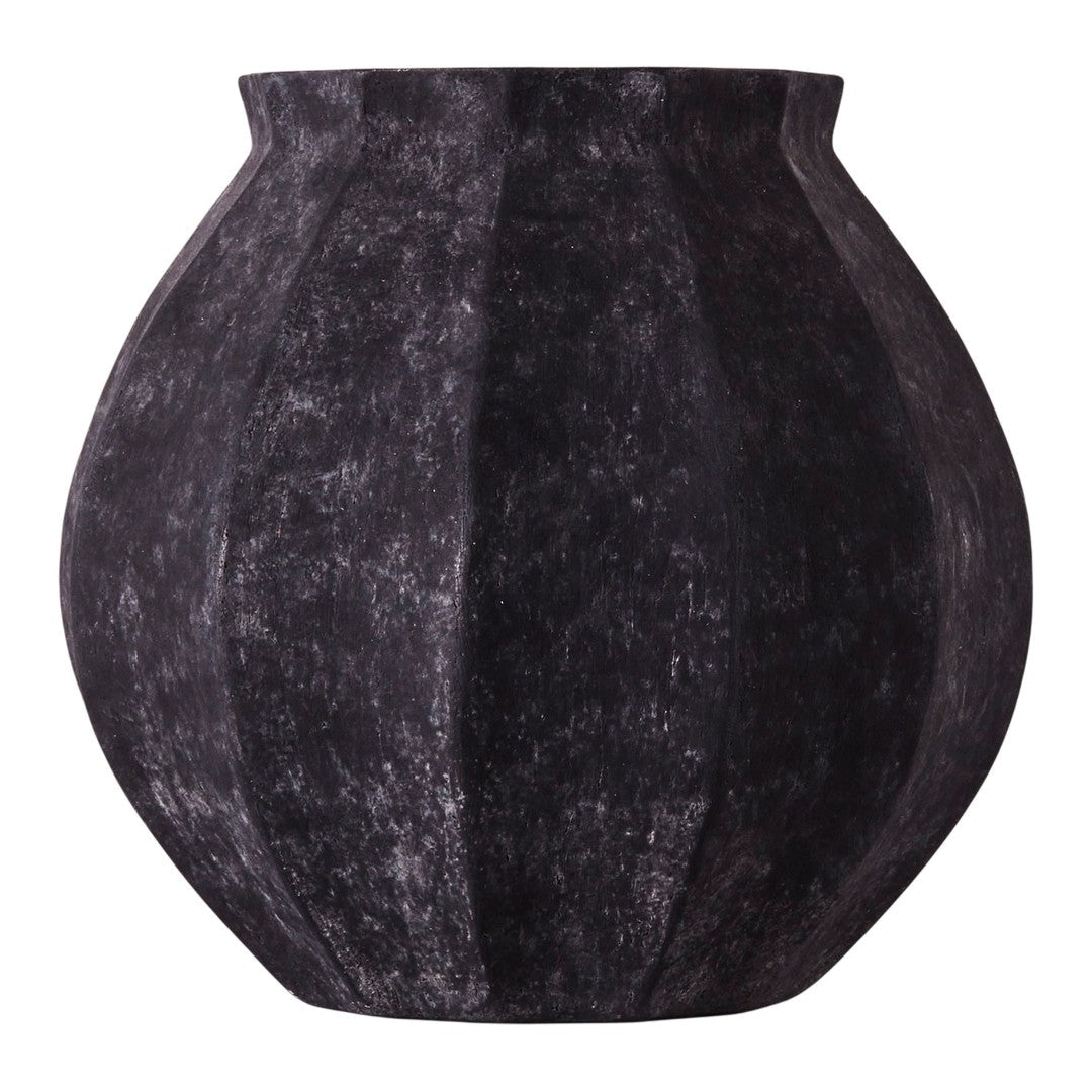 Textured, dark gray vase with a unique ribbed pattern and organic, rounded shape. Ideal for modern decor.