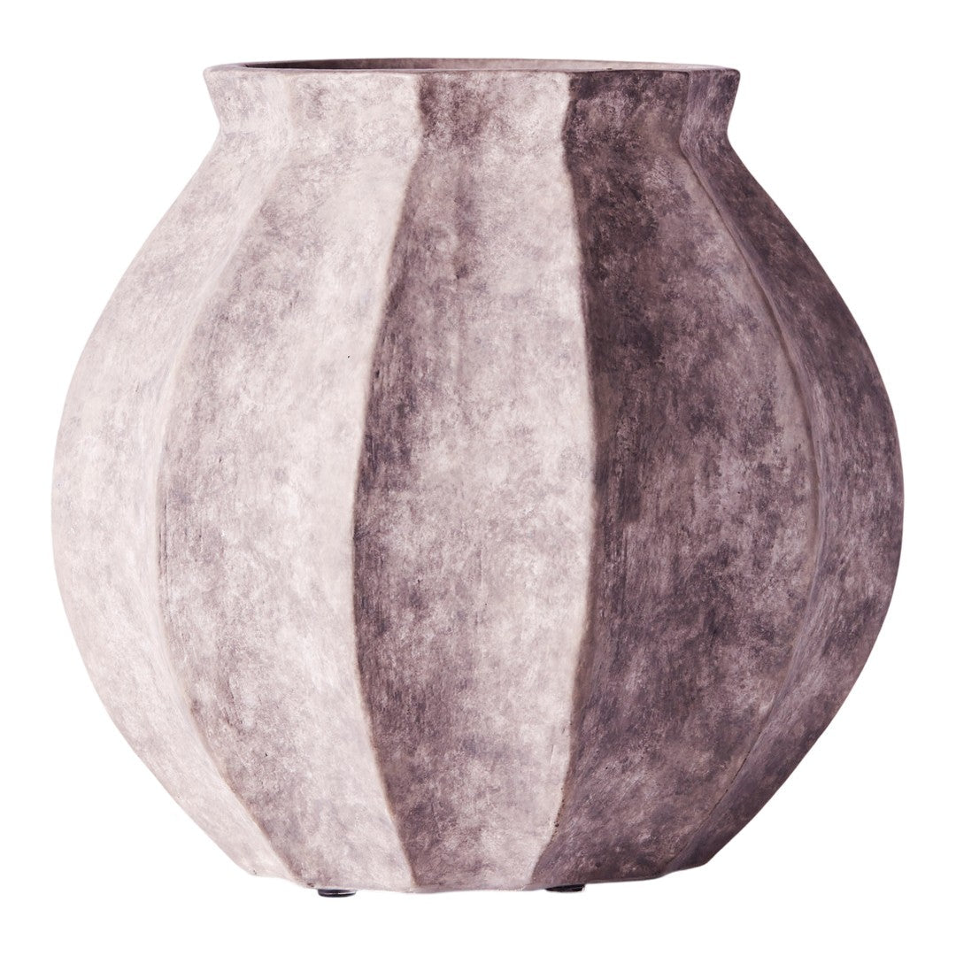 Textured vase in muted gray tones with vertical striped pattern, perfect for modern decor.