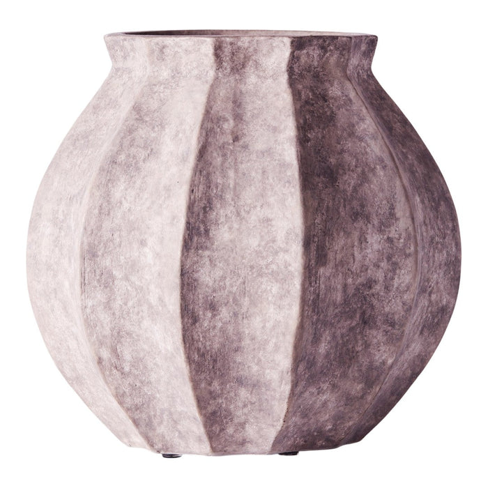 Textured vase in muted gray tones with vertical striped pattern, perfect for modern decor.
