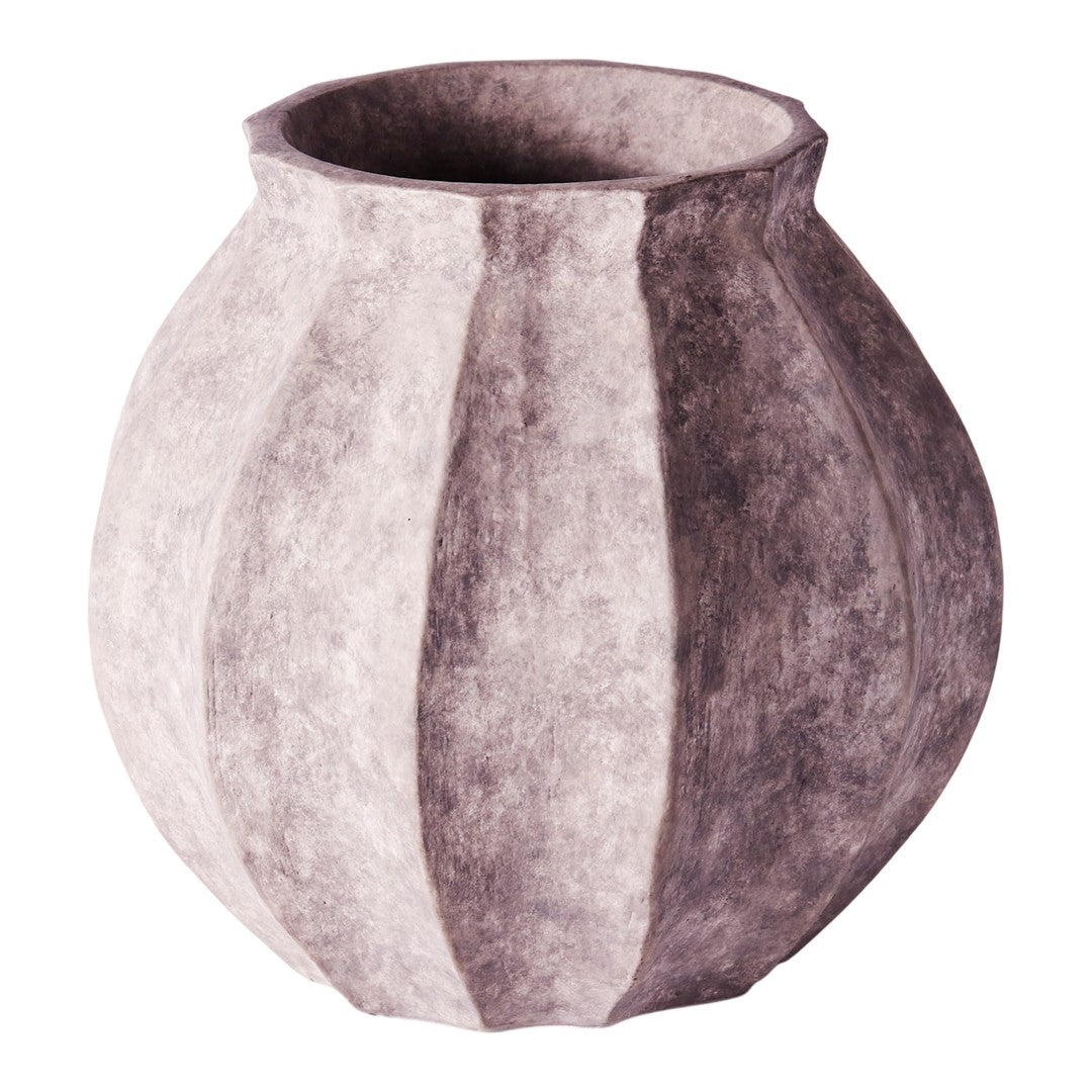 Textured vase featuring a gradient of soft gray and white with vertical ribbed patterns. Modern decor accent piece.