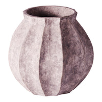Textured vase featuring a gradient of soft gray and white with vertical ribbed patterns. Modern decor accent piece.