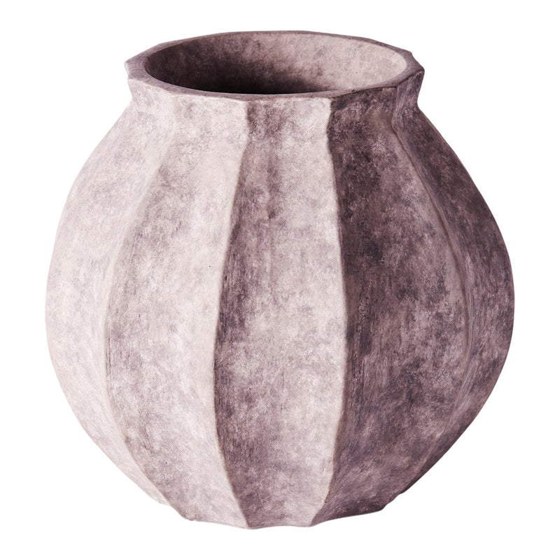 Textured vase featuring a gradient of soft gray and white with vertical ribbed patterns. Modern decor accent piece.