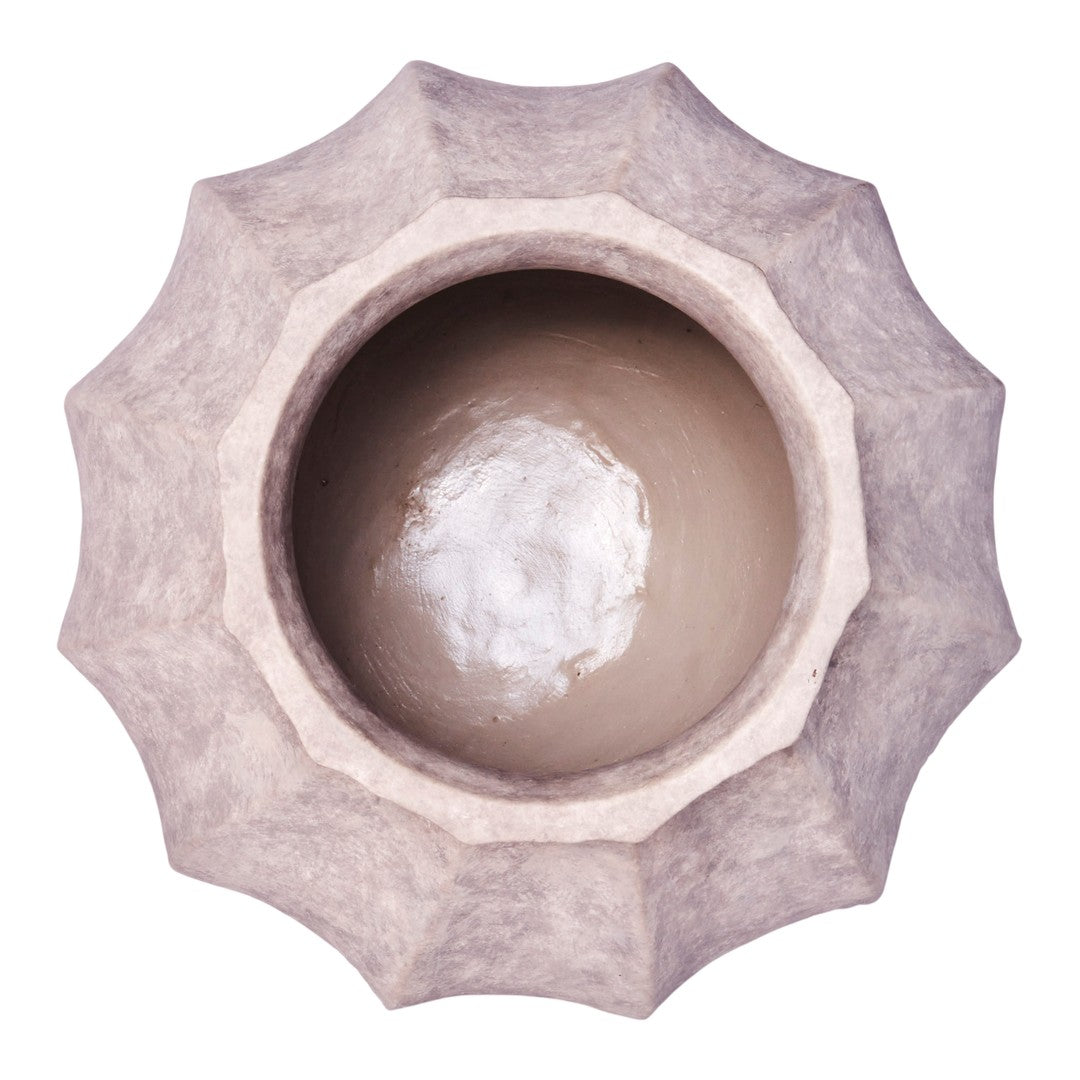 Light gray decorative bowl with a textured, scalloped rim and a smooth, glossy interior. Ideal for modern decor.