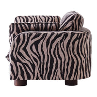 Zebra print fabric sofa in black and cream, featuring bold stripes and a contemporary curved design.