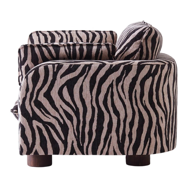 Zebra print fabric sofa in black and cream, featuring bold stripes and a contemporary curved design.