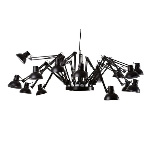 Black multi-arm chandelier with an industrial design and adjustable light shades. Modern and sleek pattern.