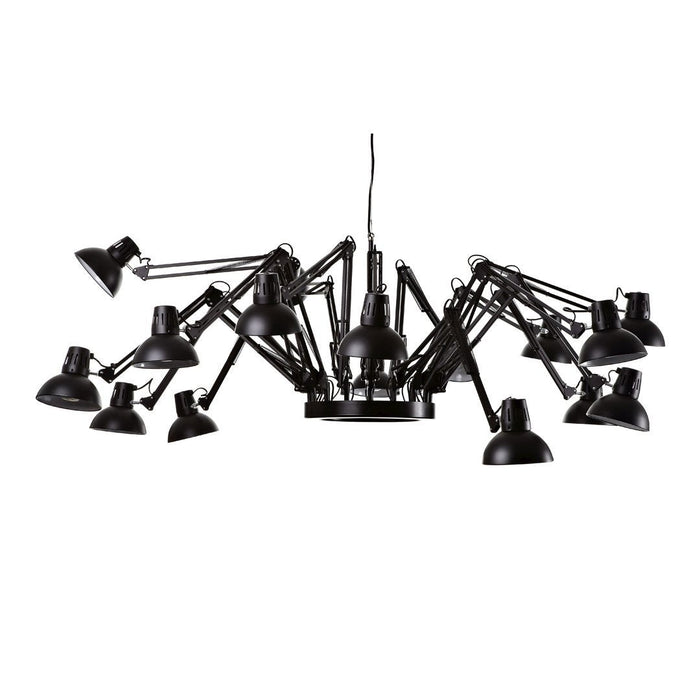 Black multi-arm chandelier with an industrial design and adjustable light shades. Modern and sleek pattern.