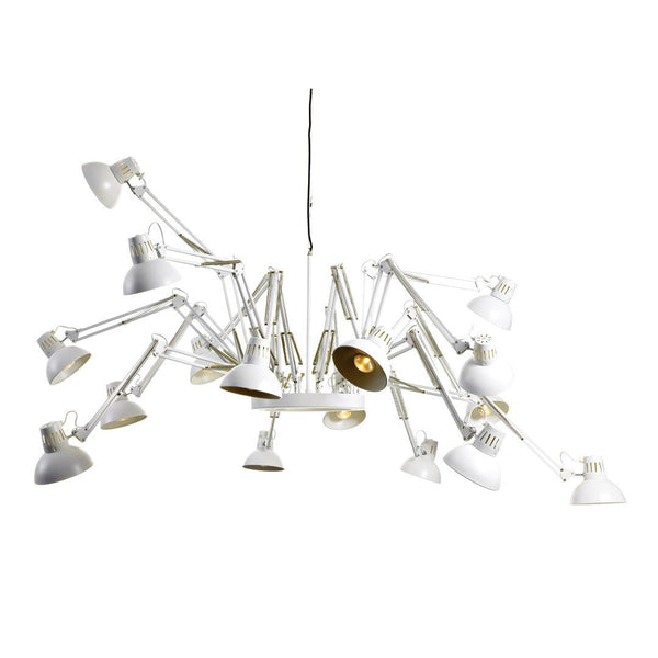 White and gold modern chandelier with multiple adjustable arms and shades, featuring a sleek, contemporary design.