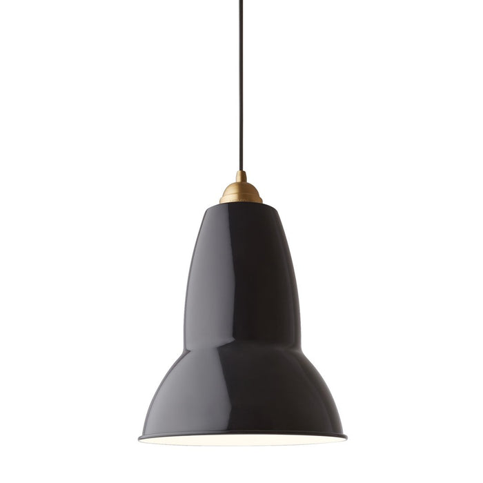Black pendant lamp with a glossy finish and a gold accent, featuring a modern, sleek silhouette.