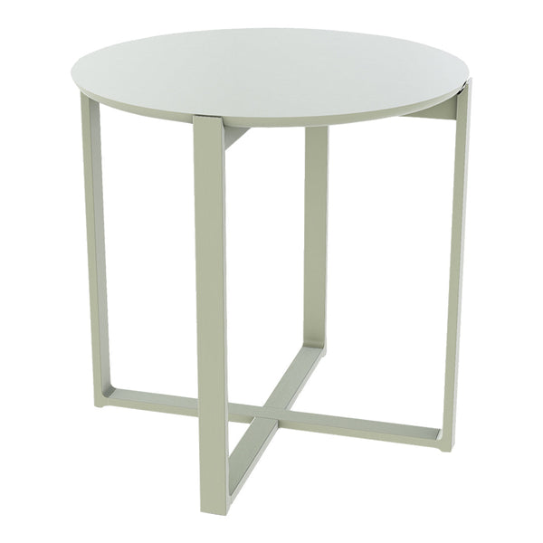 Light green round table with a minimalist design and sleek metal legs, perfect for modern decor.