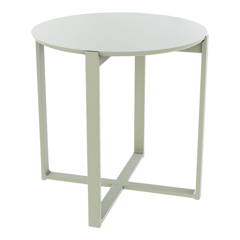 Light green round table with a minimalist design and sleek metal legs, perfect for modern decor.