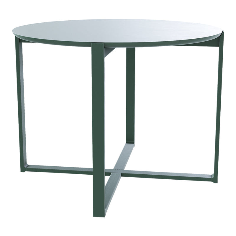 Round table featuring a smooth white top and a sleek dark green metal frame. Minimalist design with clean lines.