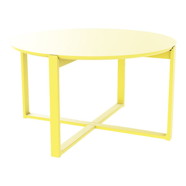 Bright yellow round coffee table with a minimalist design and sleek metal frame. Perfect for modern interiors.