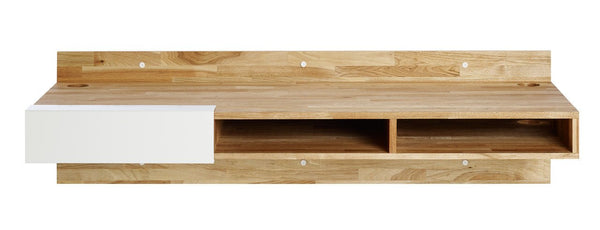 Natural wood finish shelf with a sleek white drawer and clean lines, perfect for modern decor.
