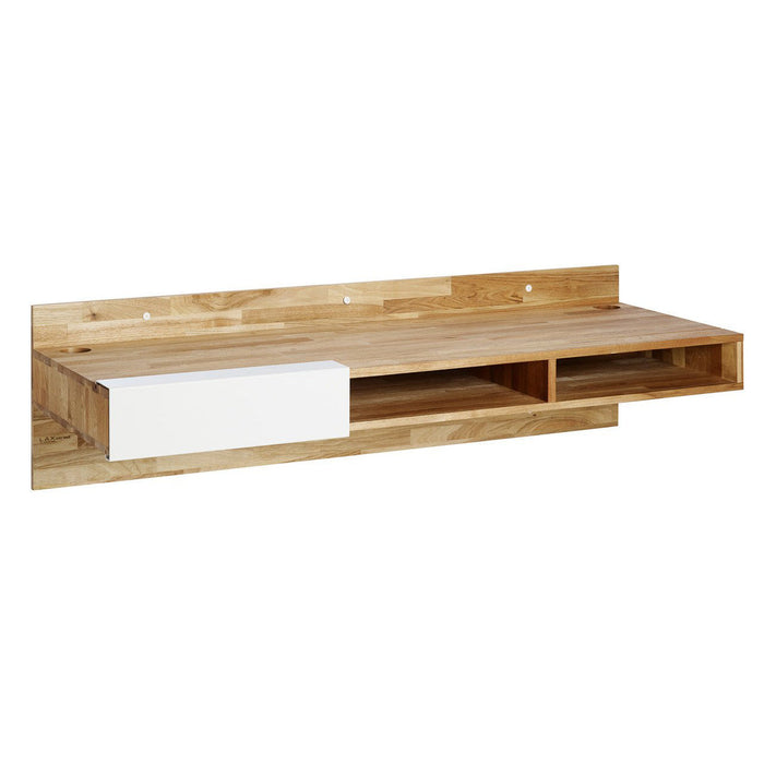 Light wood wall shelf with a white drawer and open storage, minimalistic design, natural finish and clean lines.