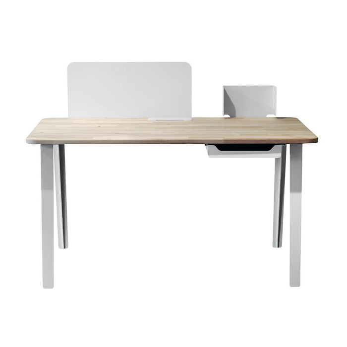 Modern wooden desk with a light natural finish, white legs, and minimalist gray accents. Ideal for contemporary spaces.