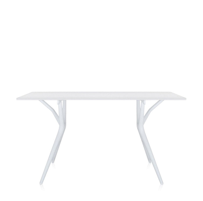 White rectangular table with sleek, modern design and minimalistic leg pattern, ideal for contemporary spaces.