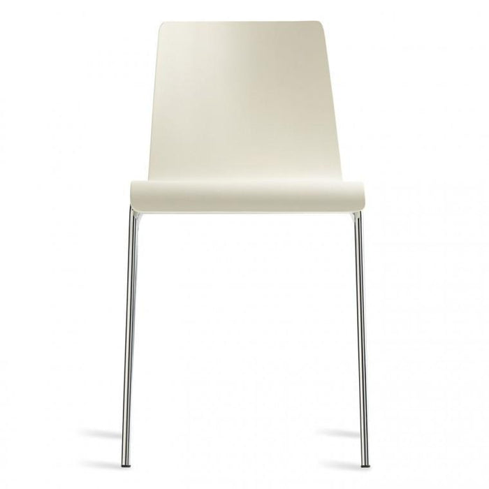 Minimalist cream chair with a sleek chrome frame, featuring a smooth, solid surface and no visible patterns.