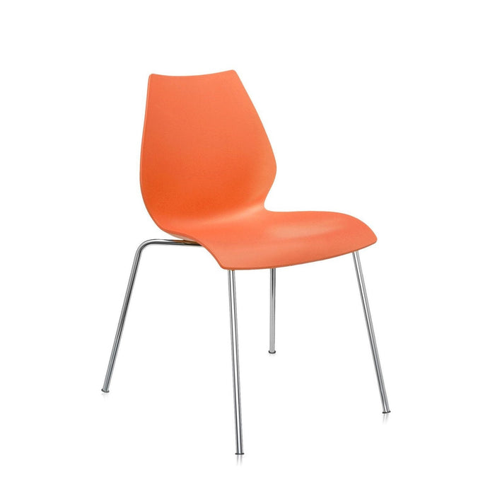 Bright orange chair with a smooth, modern design and sleek chrome legs. Perfect for stylish decor.
