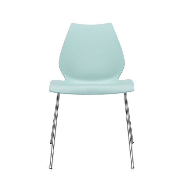 Light blue chair with a smooth finish and sleek chrome legs, perfect for modern decor.