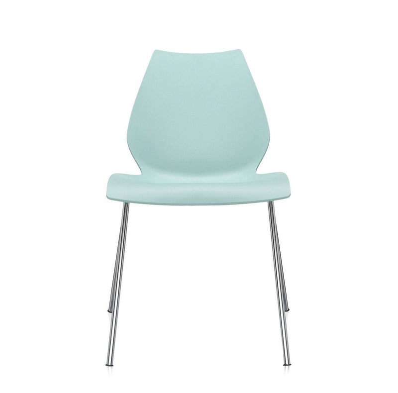 Light blue chair with a smooth finish and sleek chrome legs, perfect for modern decor.