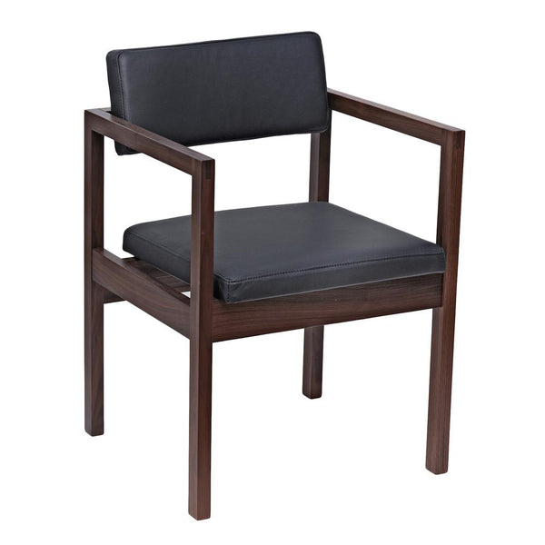 Black upholstered chair with a sleek dark wood frame, featuring clean lines and a modern design.