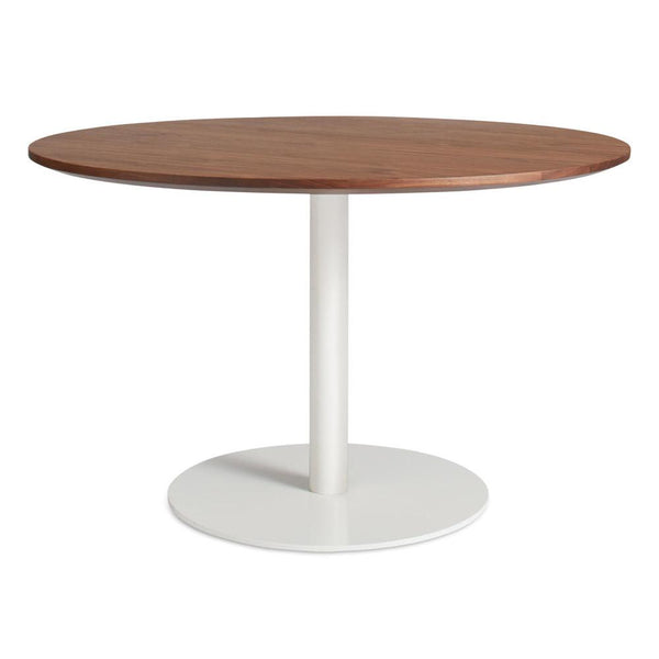 Round table with a rich walnut wood top and a sleek white pedestal base, showcasing a modern, minimalist design.