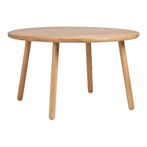 Round wooden table in light natural oak finish with smooth surface and simple design. Ideal for modern decor.