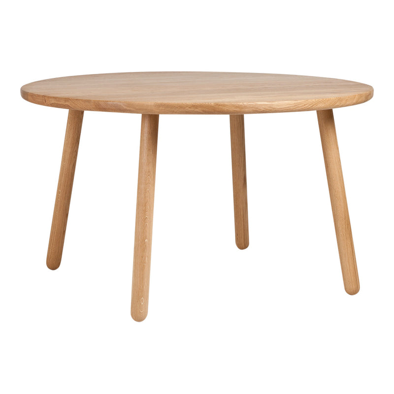 Round wooden table in light natural oak finish with smooth surface and simple design. Ideal for modern decor.
