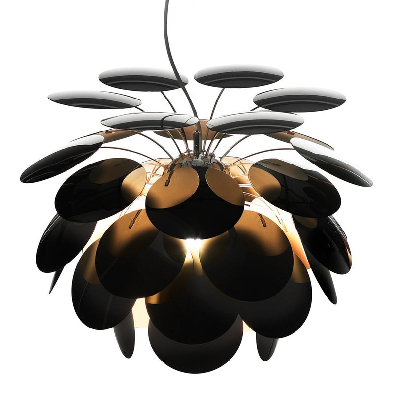 Black and gold pendant lamp featuring layered circular discs for a modern, stylish look. Perfect for contemporary decor.