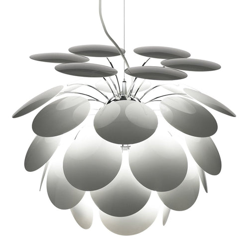 White pendant lamp featuring a layered design with circular plates, creating a modern and elegant look.