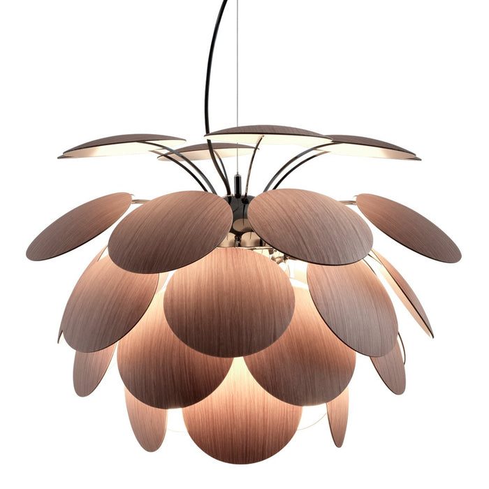 Modern pendant lamp with layered wooden petal design in soft beige and light brown hues, creating a warm ambiance.