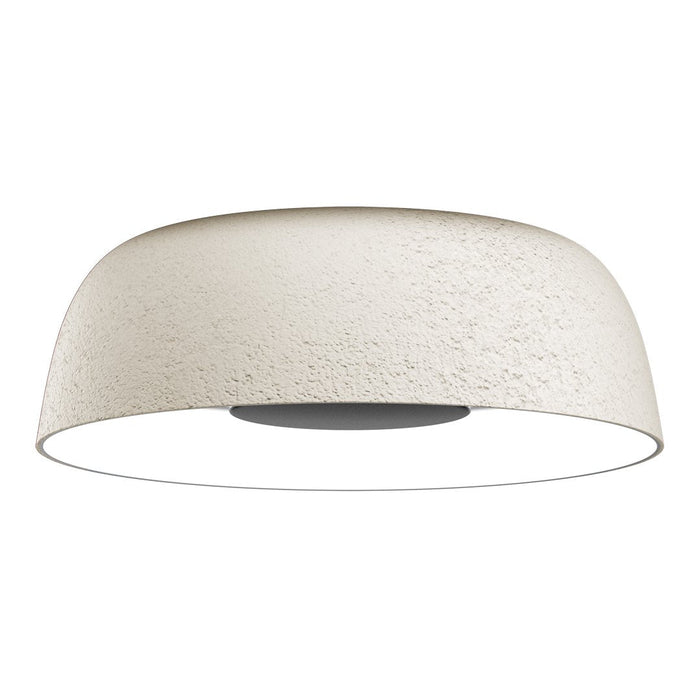 Round ceiling light in textured white finish with smooth black base, minimalistic and modern design.