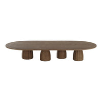 Oval brown coffee table with textured legs in a natural wood finish, featuring a smooth, matte surface.