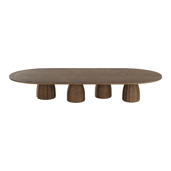 Oval brown coffee table with textured legs in a natural wood finish, featuring a smooth, matte surface.