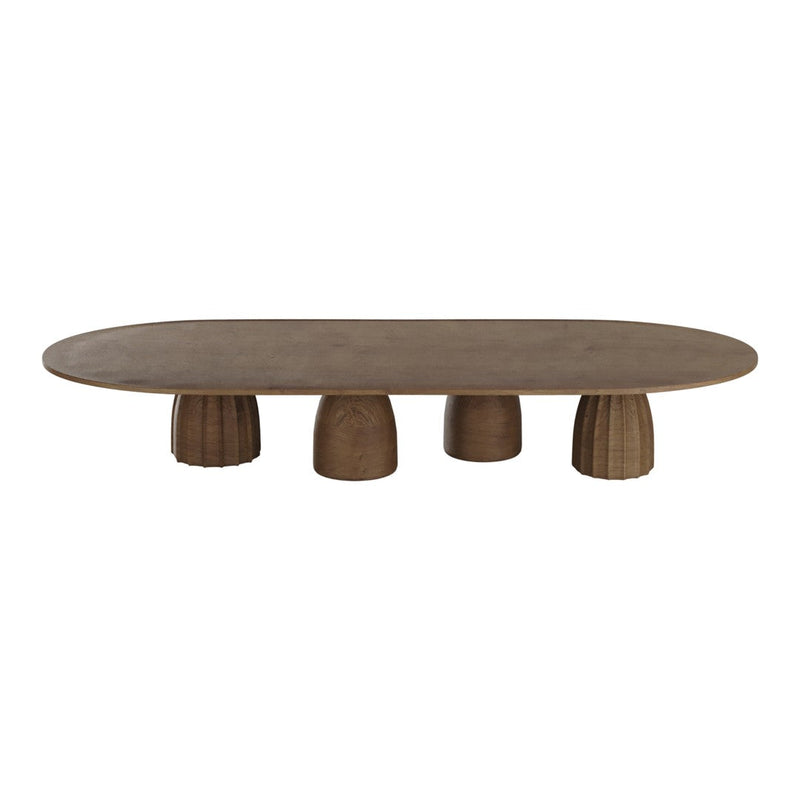 Oval brown coffee table with textured legs in a natural wood finish, featuring a smooth, matte surface.