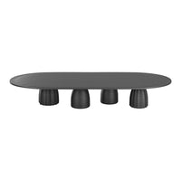 Sleek black oval coffee table with textured black pedestal legs, perfect for modern decor.