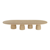 Natural wood coffee table with a smooth oval top and textured round legs in a light beige tone. Ideal for modern decor.