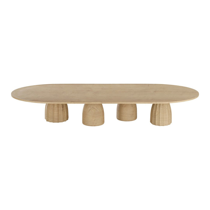 Natural wood coffee table with a smooth oval top and textured round legs in a light beige tone. Ideal for modern decor.