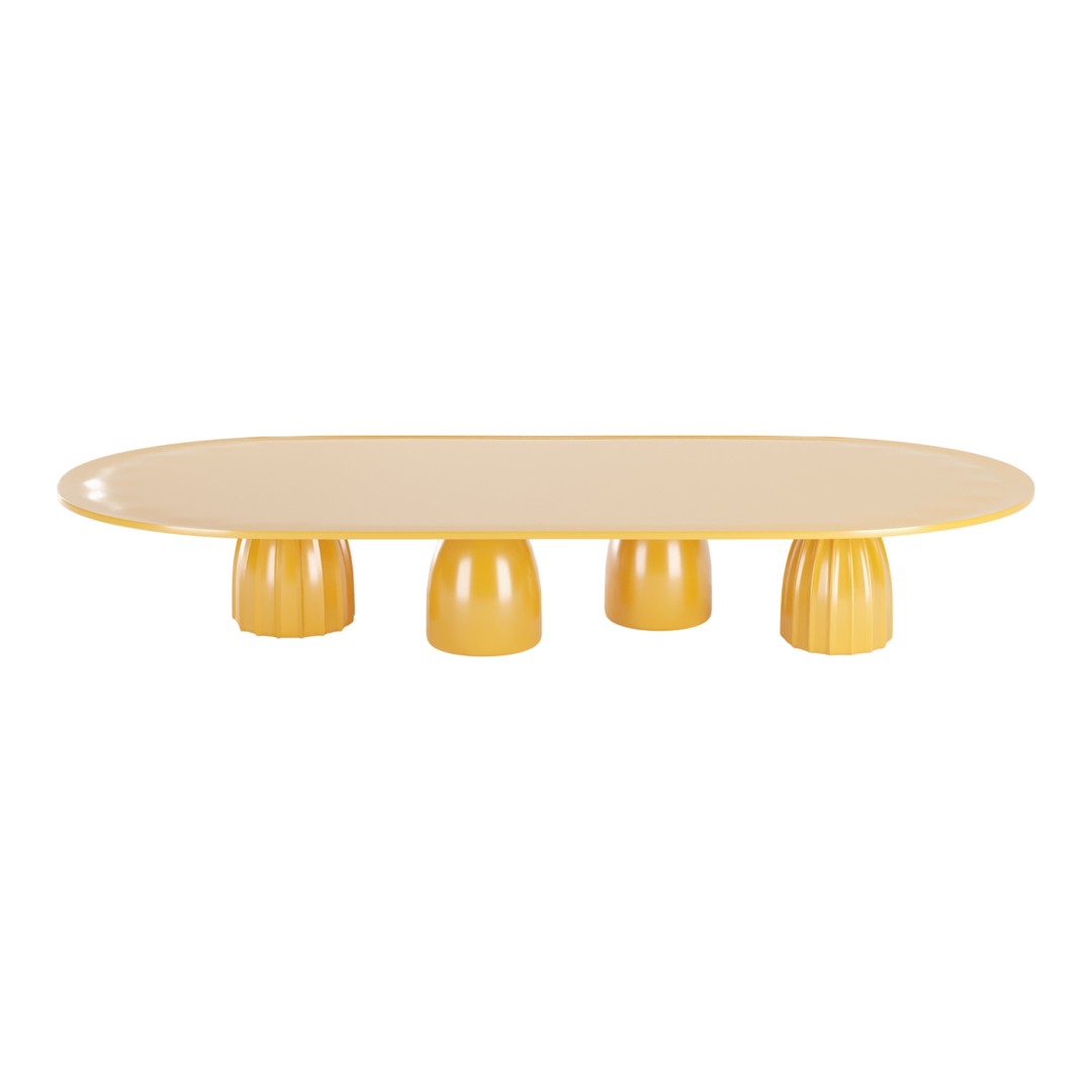 Oval yellow table with a smooth surface and rounded yellow legs, creating a cheerful, modern aesthetic.