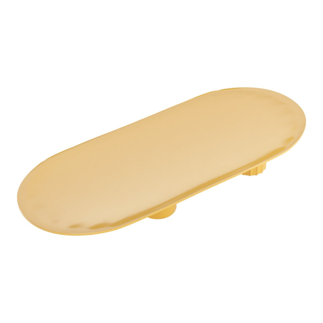 Golden oval serving platter with a smooth, glossy finish, perfect for elegant dining displays.