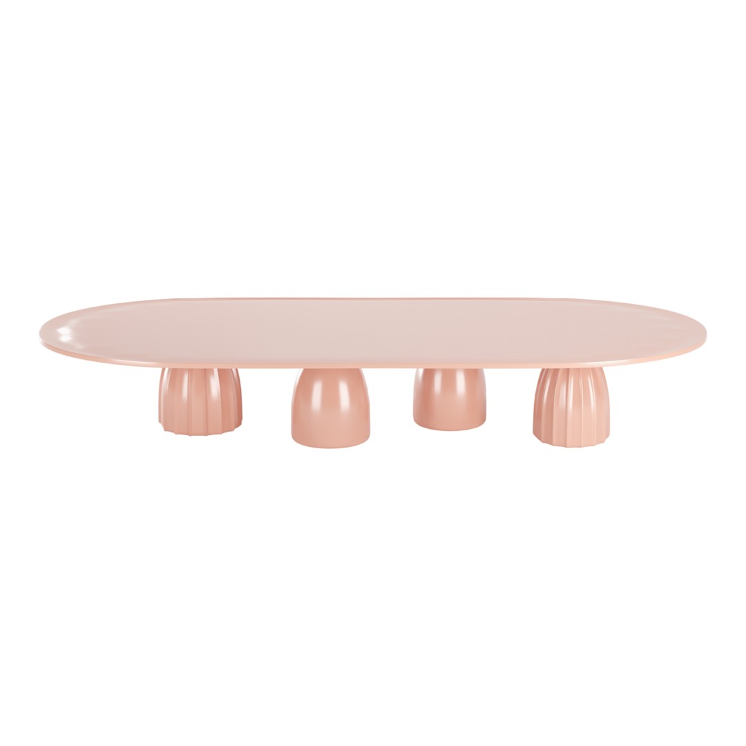 Pink oval table with curved edges and four rounded pedestal legs, featuring a smooth, glossy finish.