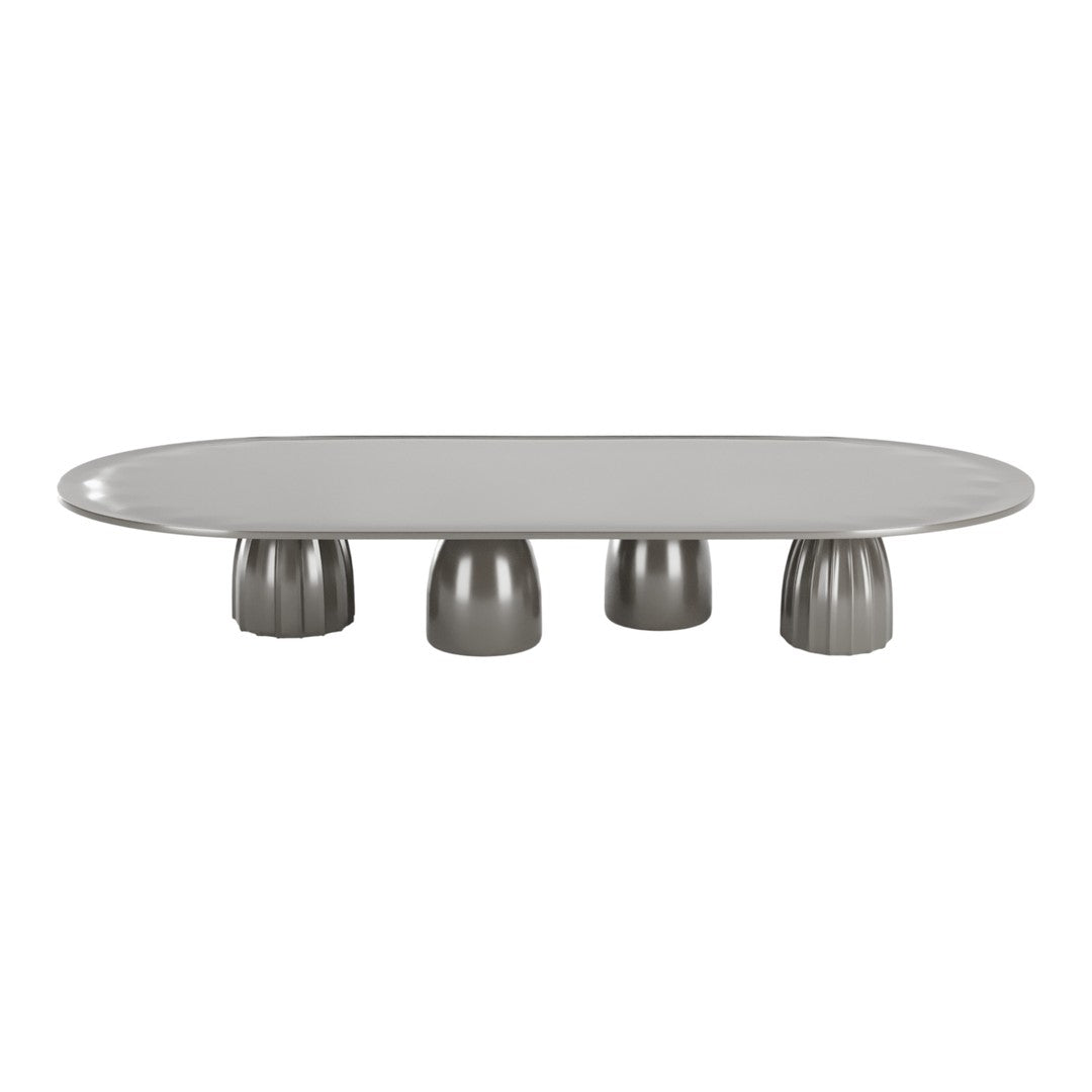 Gray oval tabletop with shiny silver cylindrical legs, offering a modern and sleek design. Ideal for contemporary decor.