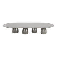 Gray oval tabletop with shiny silver cylindrical legs, offering a modern and sleek design. Ideal for contemporary decor.