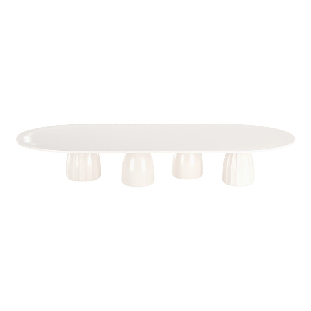 White oval platter with minimalist design and smooth surface, featuring four glossy white footed stands.
