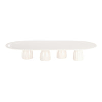 White oval platter with minimalist design and smooth surface, featuring four glossy white footed stands.