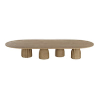 Oval beige coffee table with textured legs, featuring a smooth surface and minimalist design for modern decor.