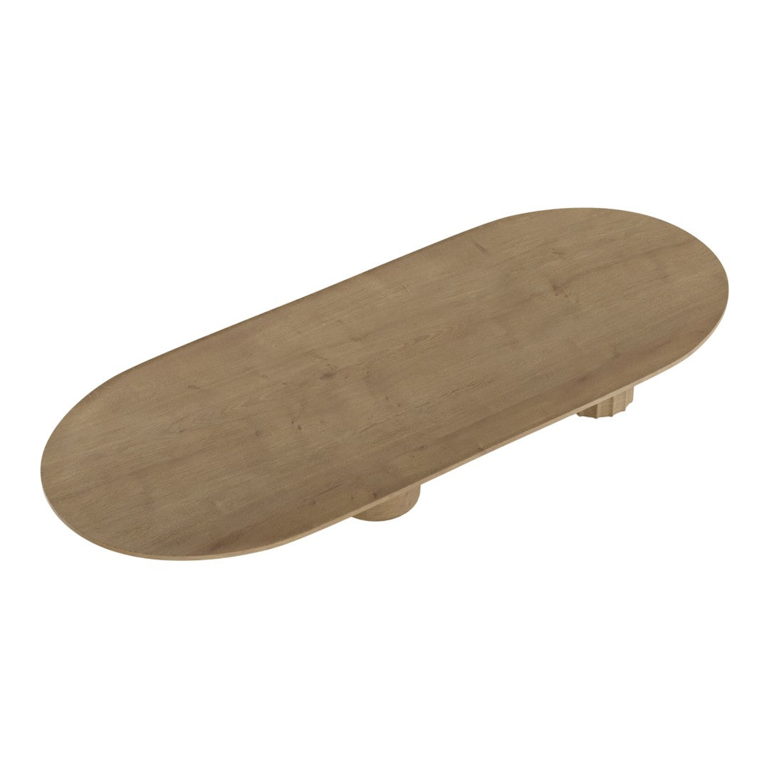 Light brown oval wooden coffee table with a smooth, natural wood grain pattern. Ideal for modern decor.