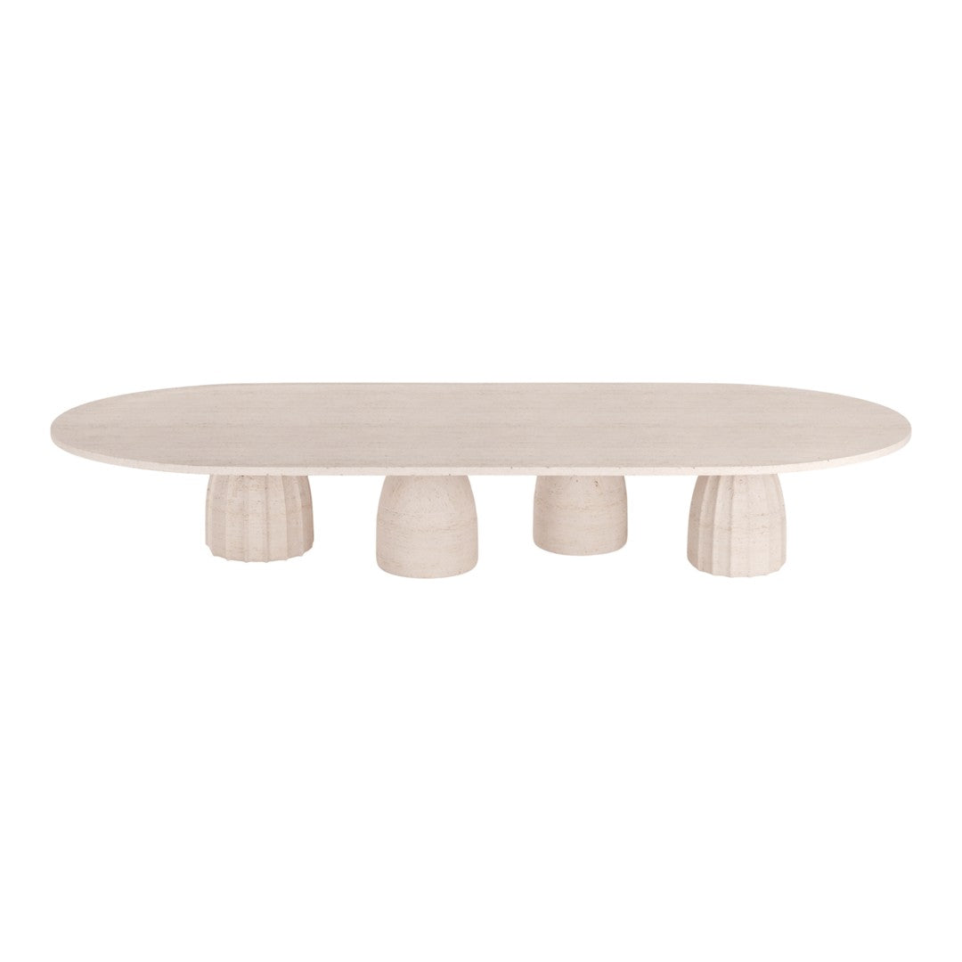 Light beige oval coffee table with textured cylindrical legs, showcasing a minimalist design and natural tones.